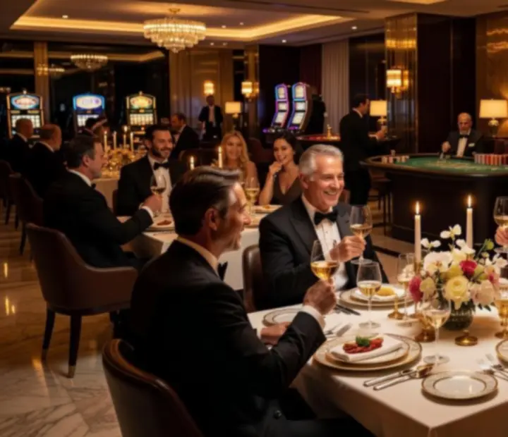 Večernje casino događanje u elegantnom restoranu s gostima koji uživaju u večeri i koktelima